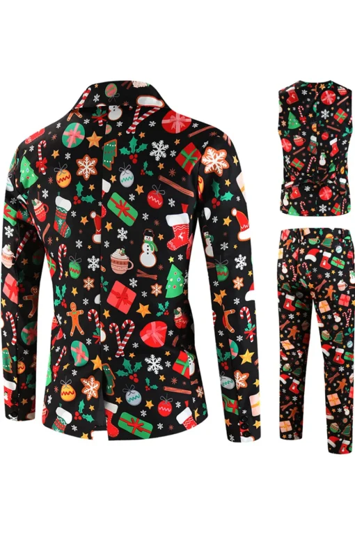 Black Santa Hat, Socks, Gift Printed 3 Piece Men's Christmas Party Suit