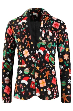 Black Santa Hat, Socks, Gift Printed 3 Piece Men's Christmas Party Suit