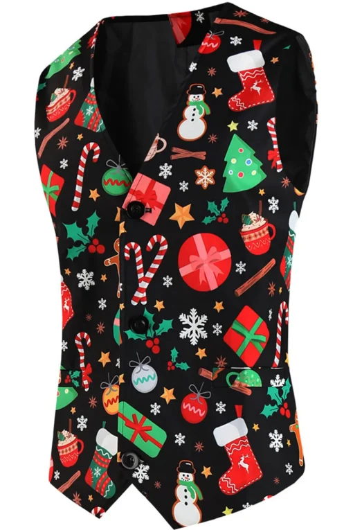 Black Santa Hat, Socks, Gift Printed 3 Piece Men's Christmas Party Suit