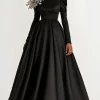 Black Satin Boat Neck Long Sleeves A-Line Long Wedding Guest Dress