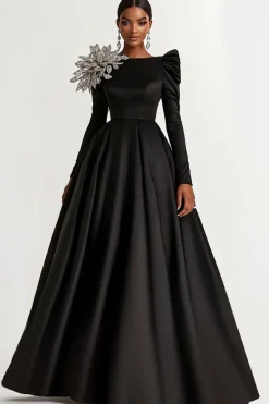 Black Satin Boat Neck Long Sleeves A-Line Long Wedding Guest Dress