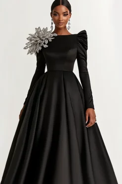 Black Satin Boat Neck Long Sleeves A-Line Long Wedding Guest Dress