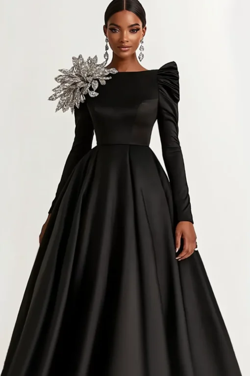 Black Satin Boat Neck Long Sleeves A-Line Long Wedding Guest Dress
