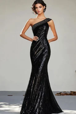 Black Sequined One Shoulder Sheath Long Prom Dress