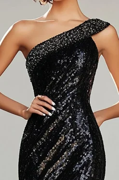 Black Sequined One Shoulder Sheath Long Prom Dress