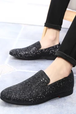 Black Sequined Slip-On Men's Shoes