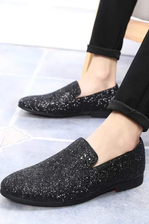 Black Sequined Slip-On Men's Shoes