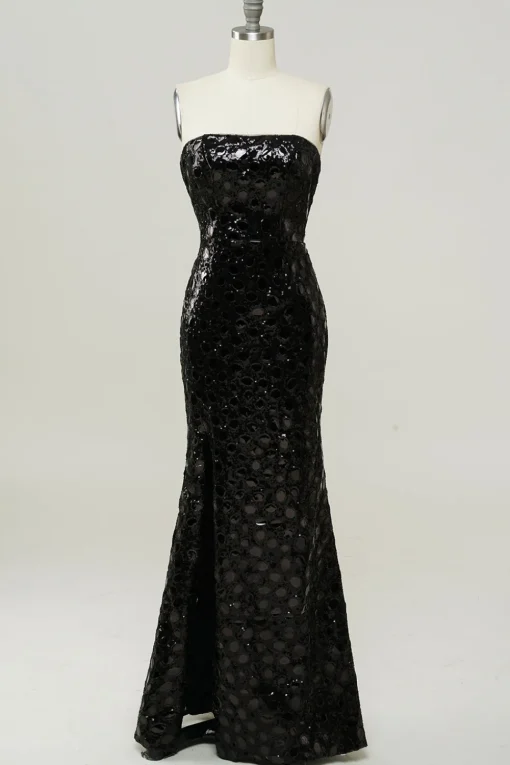 Black Sheath Strapless Sequin Prom Dress with Slit