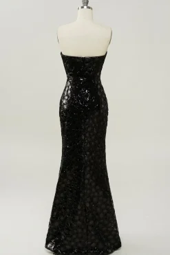 Black Sheath Strapless Sequin Prom Dress with Slit