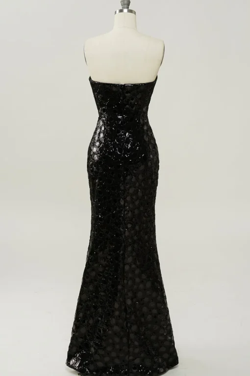 Black Sheath Strapless Sequin Prom Dress with Slit
