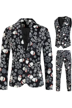 Black Snowflake Print Single Button 3 Pieces Men's Christmas Suit