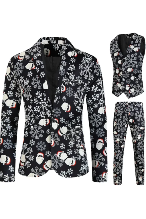 Black Snowflake Print Single Button 3 Pieces Men's Christmas Suit