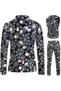 Black Snowflake Print Single Button 3 Pieces Men's Christmas Suit
