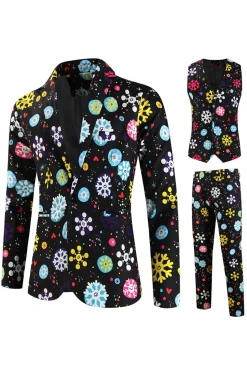 Black Snowflake Print Three Piece Men's Christmas Party Suit