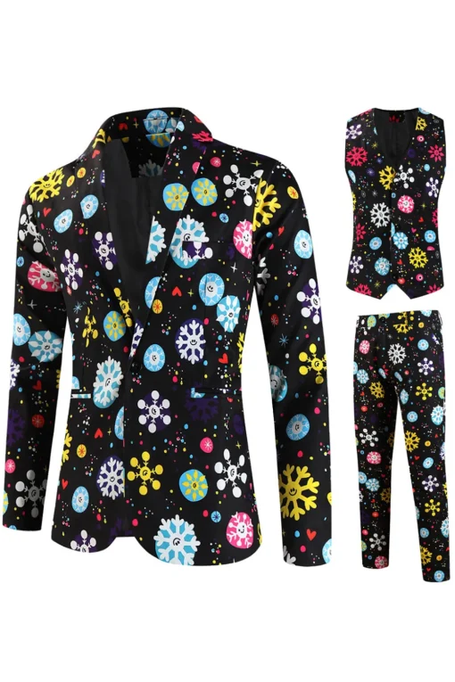 Black Snowflake Print Three Piece Men's Christmas Party Suit