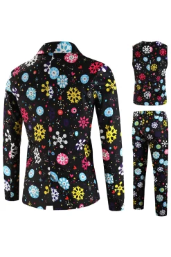 Black Snowflake Print Three Piece Men's Christmas Party Suit