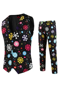 Black Snowflake Print Three Piece Men's Christmas Party Suit