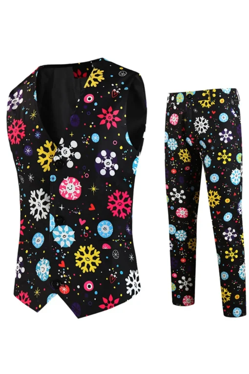 Black Snowflake Print Three Piece Men's Christmas Party Suit