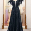 Black Spaghetti Straps A-Line Sequin Prom Dress With Feather