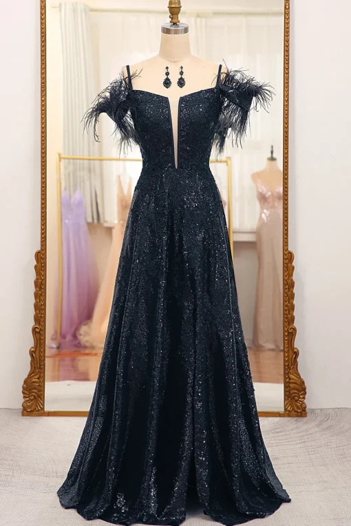 Black Spaghetti Straps A-Line Sequin Prom Dress With Feather