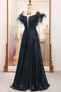 Black Spaghetti Straps A-Line Sequin Prom Dress With Feather