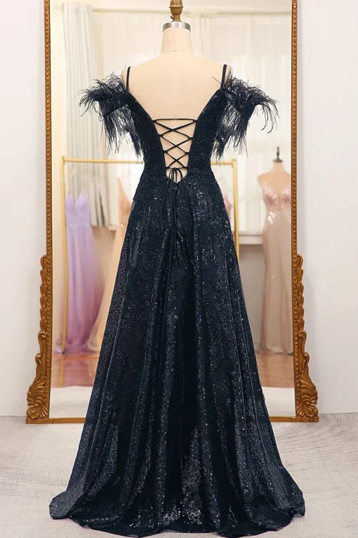 Black Spaghetti Straps A-Line Sequin Prom Dress With Feather