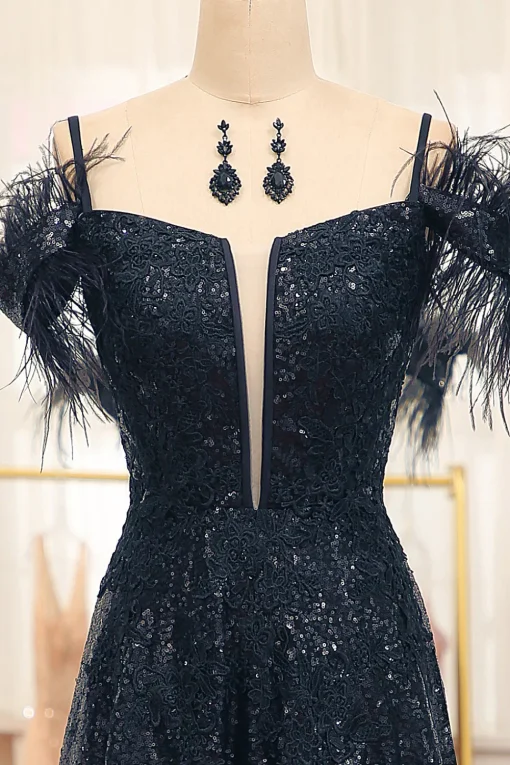 Black Spaghetti Straps A-Line Sequin Prom Dress With Feather