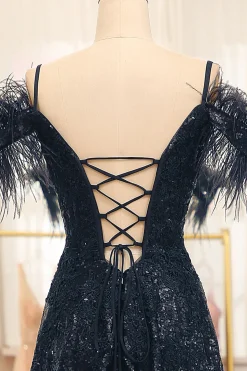 Black Spaghetti Straps A-Line Sequin Prom Dress With Feather