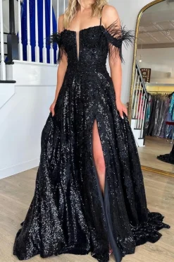 Black Sparkly A Line Cold Shoulder Prom Dress with Slit