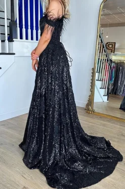 Black Sparkly A Line Cold Shoulder Prom Dress with Slit
