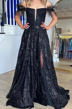 Black Sparkly A Line Cold Shoulder Prom Dress with Slit