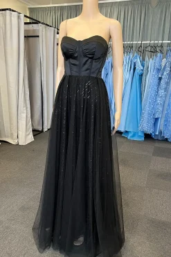 Black Strapless A Line Tulle Corset Prom Dress