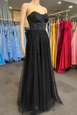 Black Strapless A Line Tulle Corset Prom Dress