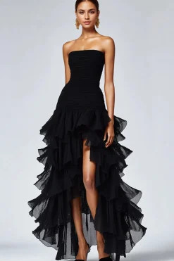 Black Strapless Tulle Tiered Ruffles Formal Dress