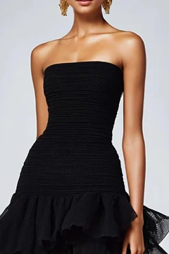 Black Strapless Tulle Tiered Ruffles Formal Dress