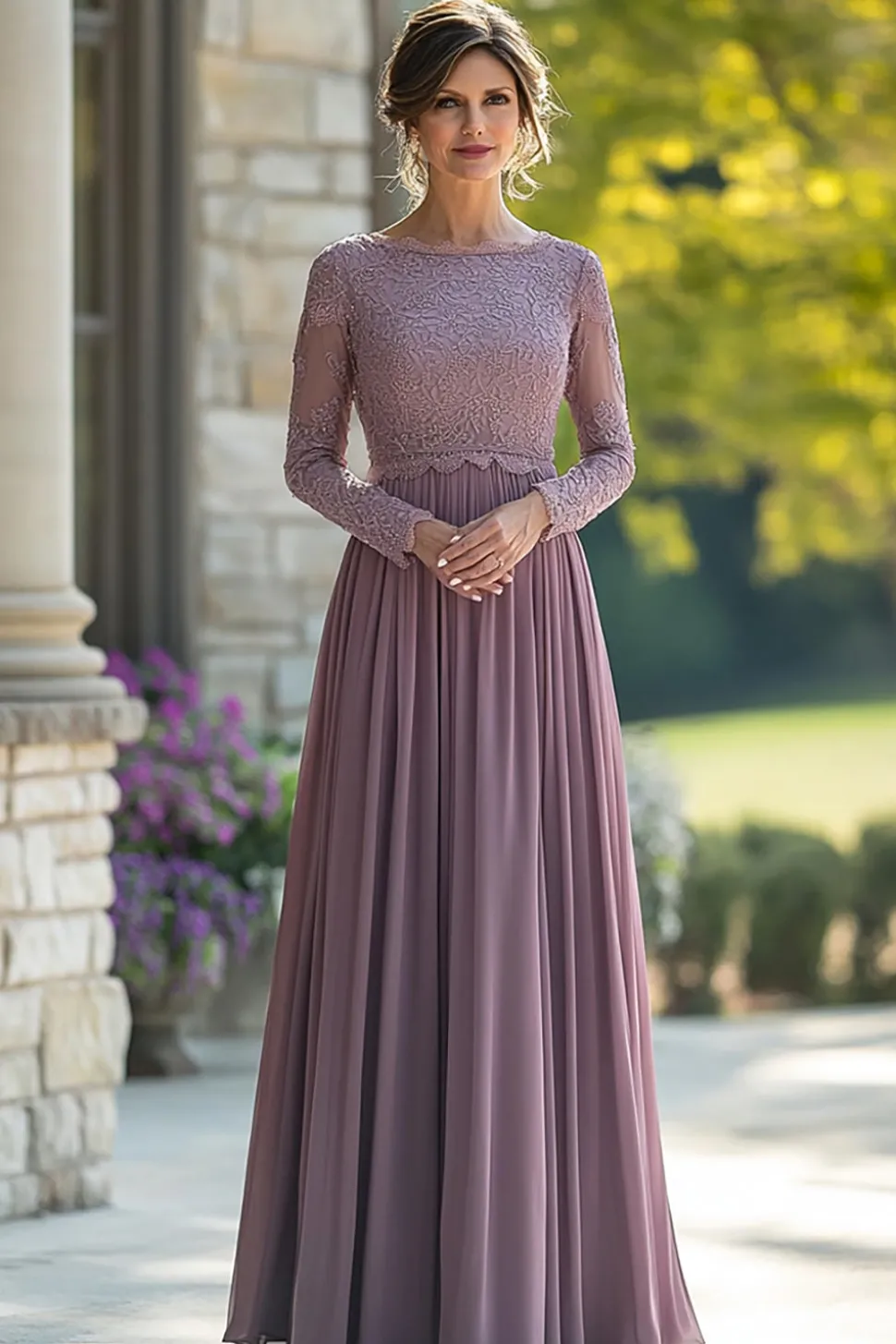 Black Tie Vintage Mauve Column Scoop Chiffon Long Mother of the Bride Dress with Lace Appliques