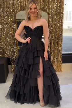 Black Tiered Corset Strapless A Line Long Prom Dress