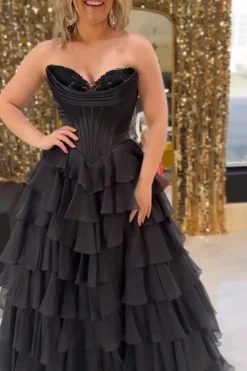 Black Tiered Corset Strapless A Line Long Prom Dress