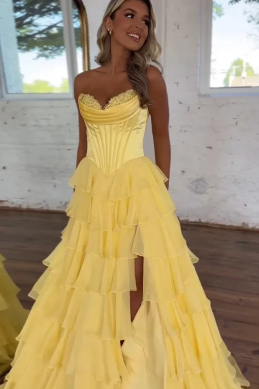 Black Tiered Corset Strapless A Line Long Prom Dress