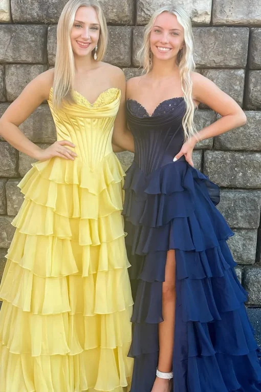Black Tiered Corset Strapless A Line Long Prom Dress