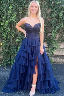 Black Tiered Corset Strapless A Line Long Prom Dress