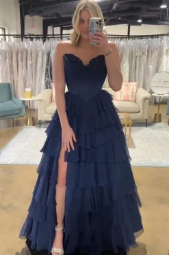 Black Tiered Corset Strapless A Line Long Prom Dress