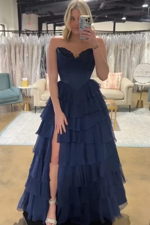 Black Tiered Corset Strapless A Line Long Prom Dress