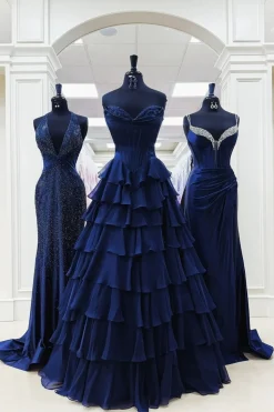 Black Tiered Corset Strapless A Line Long Prom Dress