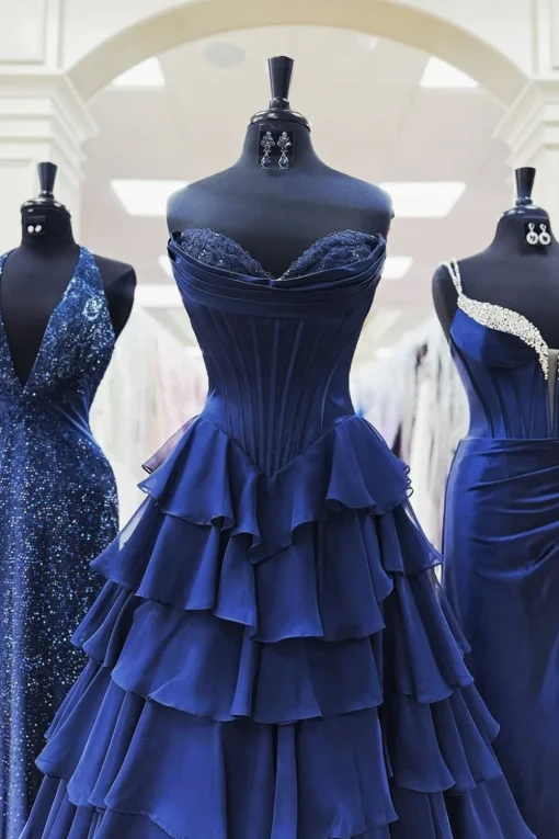 Black Tiered Corset Strapless A Line Long Prom Dress