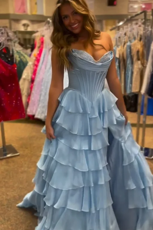 Black Tiered Corset Strapless A Line Long Prom Dress
