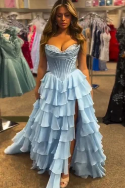 Black Tiered Corset Strapless A Line Long Prom Dress