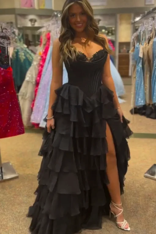 Black Tiered Corset Strapless A Line Long Prom Dress