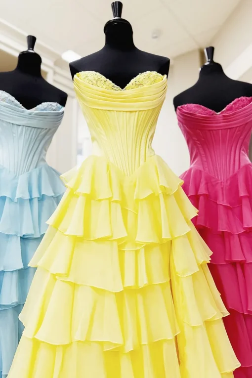 Black Tiered Corset Strapless A Line Long Prom Dress