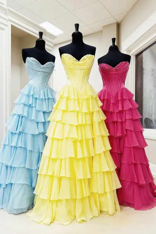 Black Tiered Corset Strapless A Line Long Prom Dress